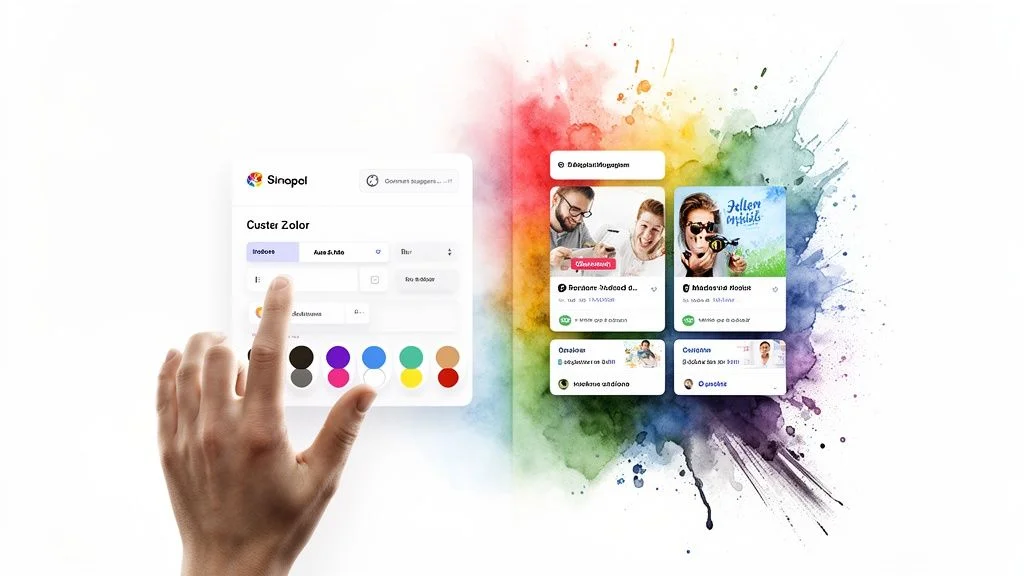 A hand interacts with a UI, selecting colors and filtering content, set against a colorful splash background.