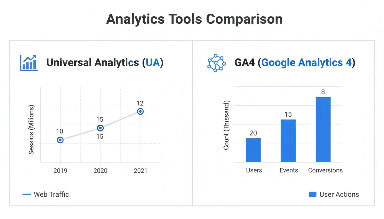 Comparison of Universal Analytics and Google Analytics 4 data for sessions, users, events, and conversions.
