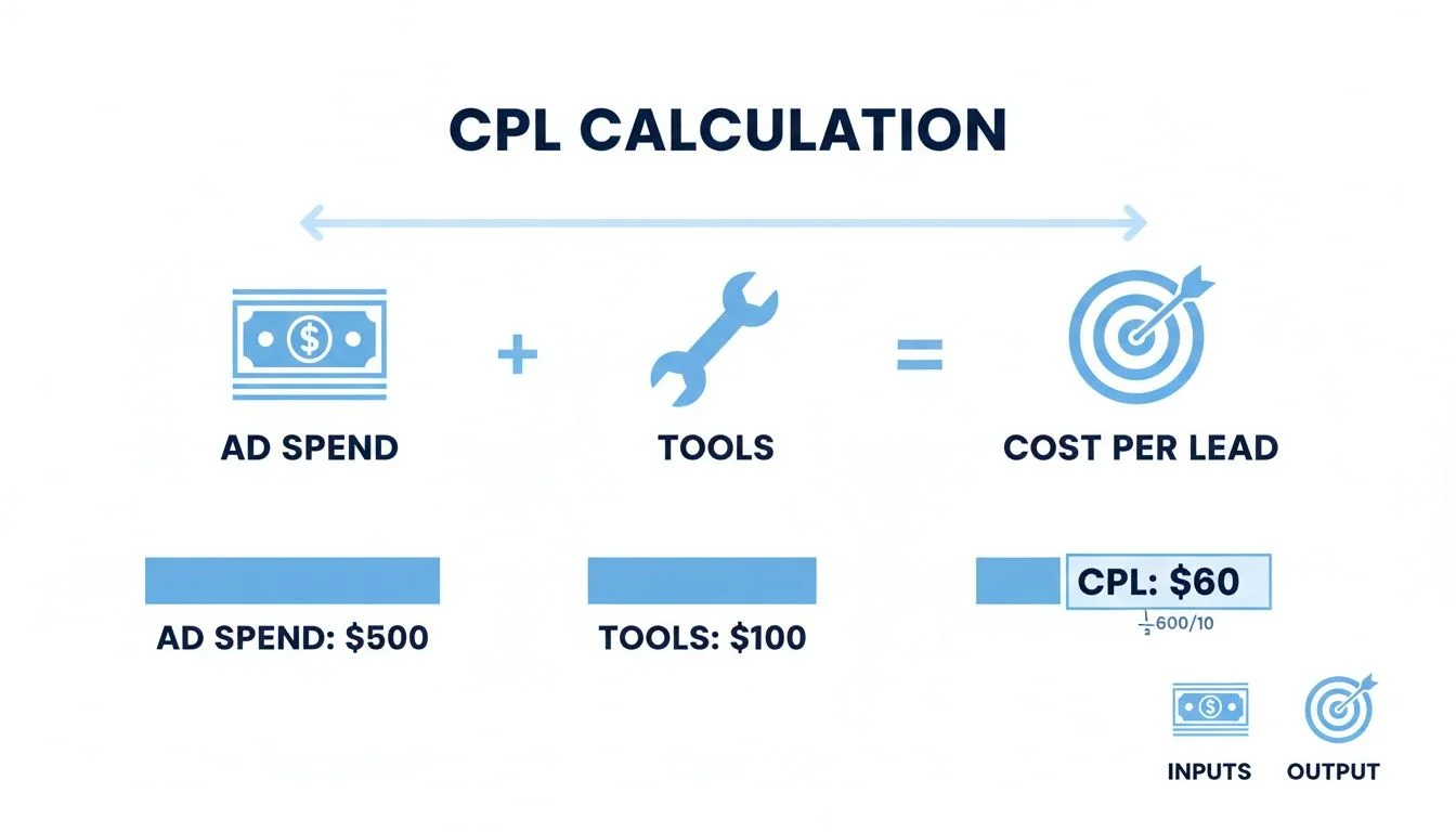 CPL calculation showing ad spend ($500) plus tools cost ($100) equals cost per lead ($60).