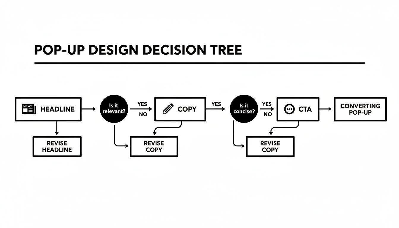 Decision tree flowchart illustrating the steps to design a converting pop-up, from headline to CTA.