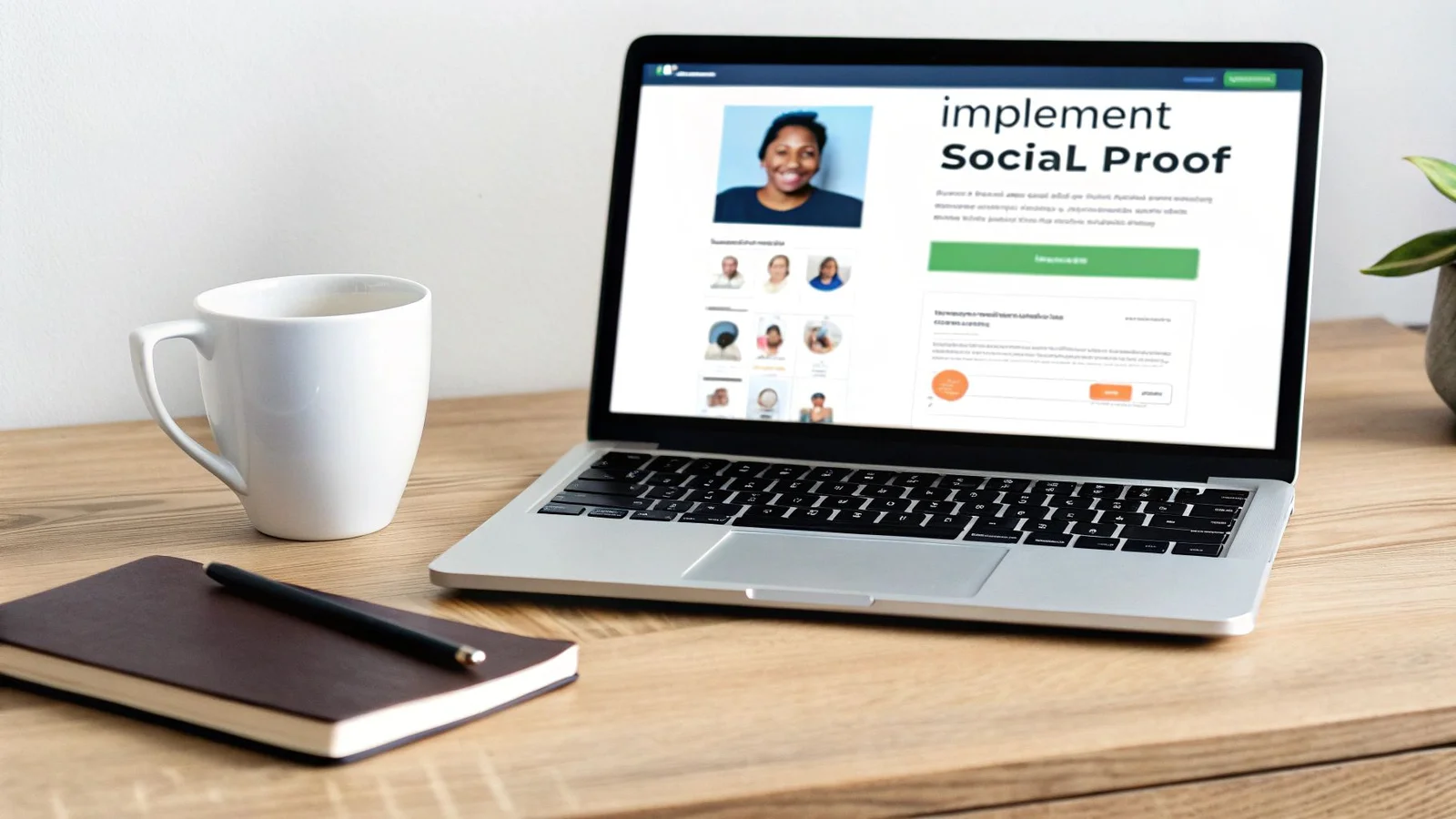 A laptop displaying a webpage about social proof, next to a white mug and a notebook on a wooden desk.