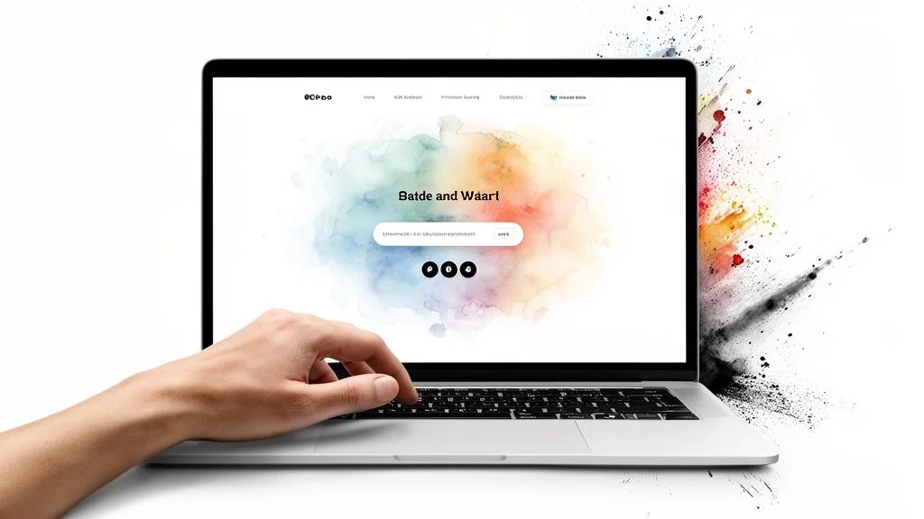 A hand typing on a laptop keyboard, displaying a colorful website with a watercolor background.