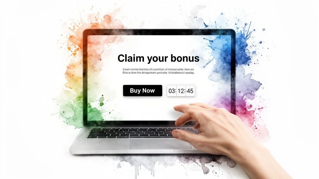 Laptop screen displaying a 'Claim your bonus' offer, a 'Buy Now' button, and a countdown timer amidst watercolor splashes.