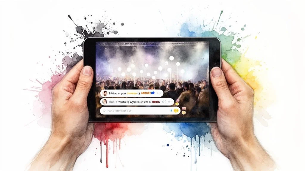 A tablet held by two hands displays a live event stream with audience, chat, and interactive elements.