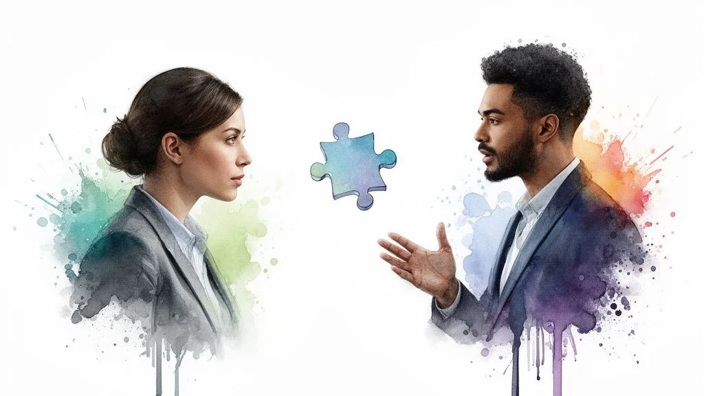 Two diverse professionals discussing a colorful puzzle piece, symbolizing problem-solving and collaboration.