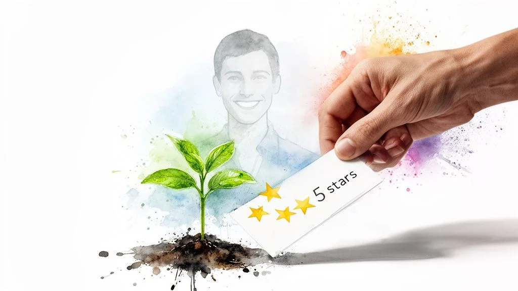 Hand holding a 5-star review card, with a growing plant and smiling man, symbolizing positive customer feedback and business growth.