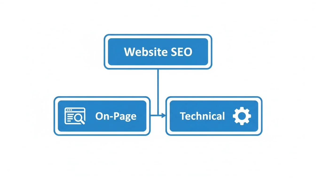 Flowchart diagram detailing Website SEO categories: On-Page, linked to Technical SEO, with icons.