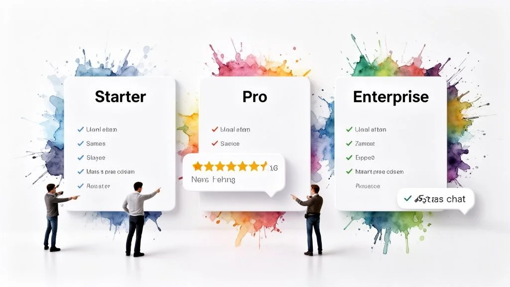 A colorful pricing plan comparison table showing Starter, Pro, and Enterprise options with features and ratings.