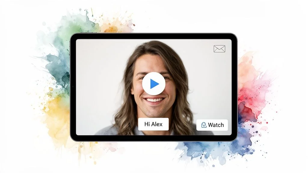 A tablet shows a video of a smiling man, with 'Hi Alex' and 'Watch' buttons, surrounded by watercolor.