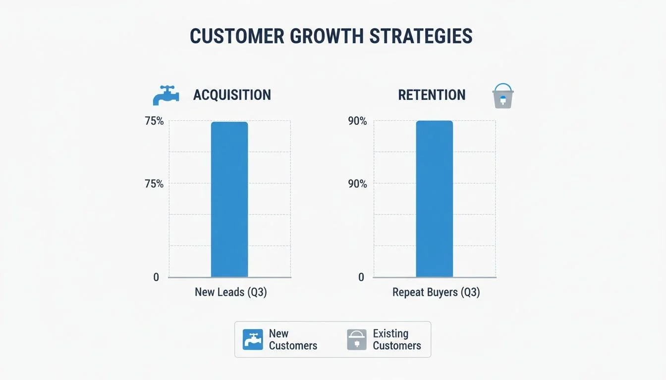 Bar charts illustrating customer growth strategies, showing 75% for new leads acquisition and 90% for repeat buyer retention in Q3.