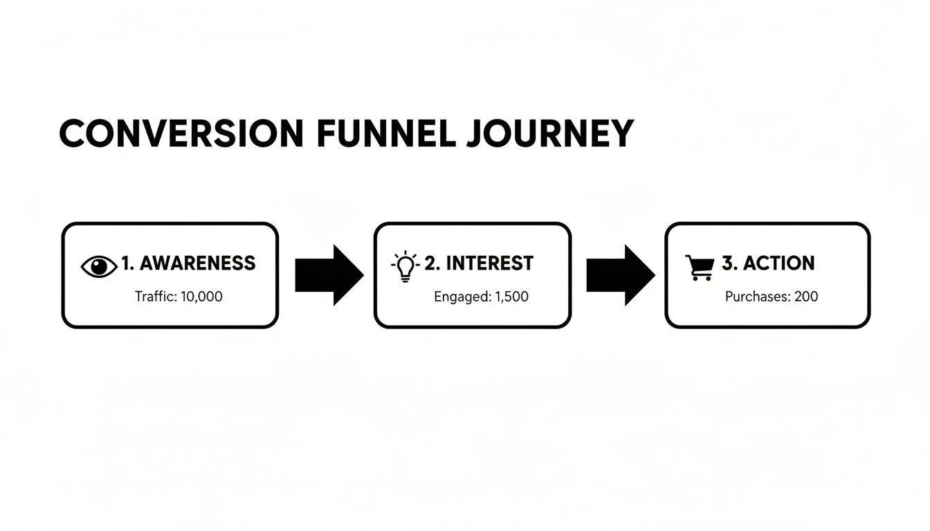 A conversion funnel diagram showing three stages: Awareness (10k traffic), Interest (1.5k engaged), and Action (200 purchases).