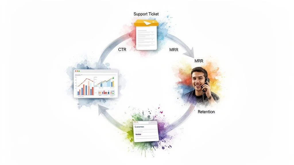 Diagram illustrating a customer support and retention cycle with data analytics, support tickets, and customer service.