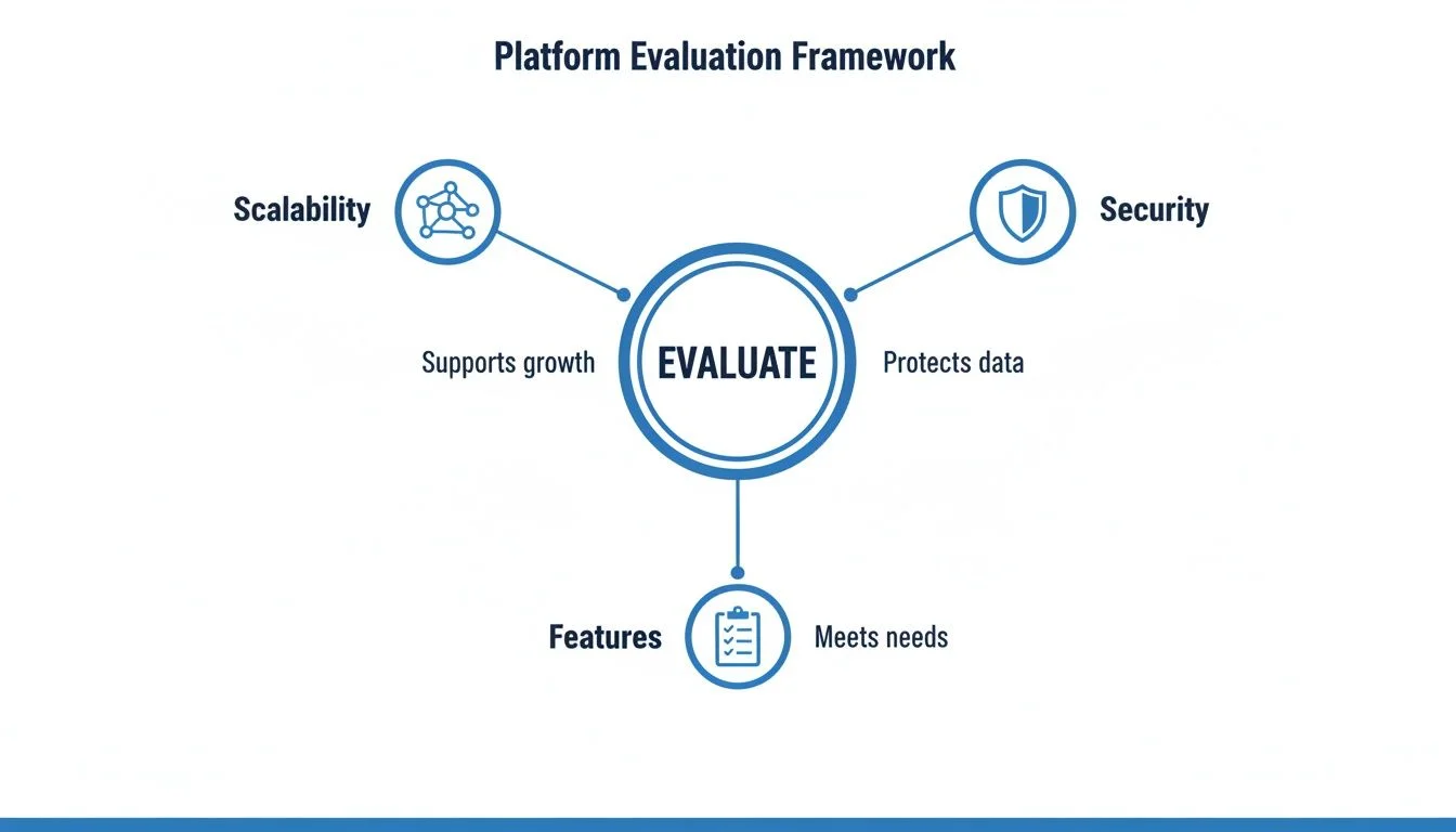 A diagram outlining a Platform Evaluation Framework, emphasizing evaluation based on scalability, security, and features.