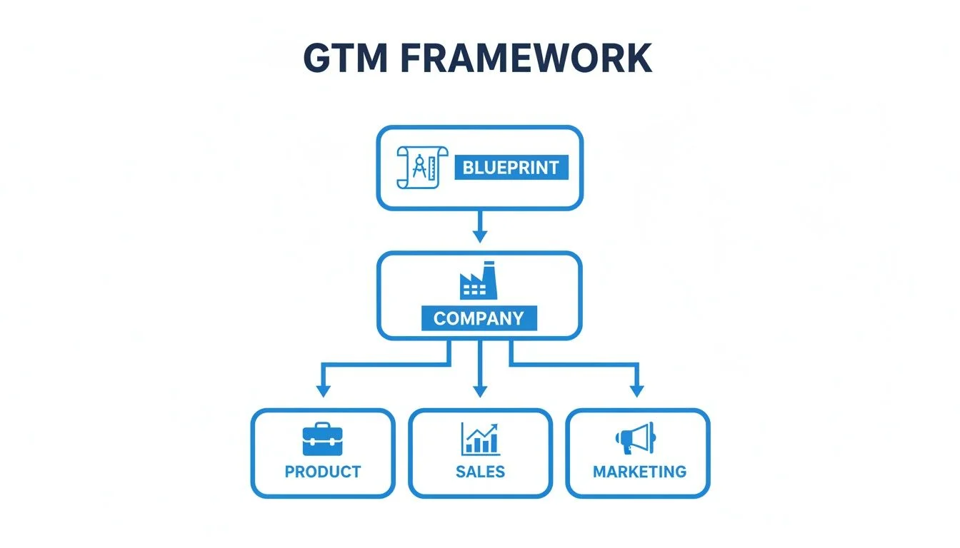Diagram showing the GTM framework, from blueprint to company, then product, sales, and marketing.