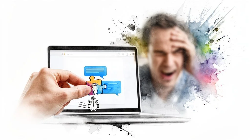 Hand placing a puzzle piece onto a laptop screen with chat bubbles, stopwatch, and a blurred distressed man.