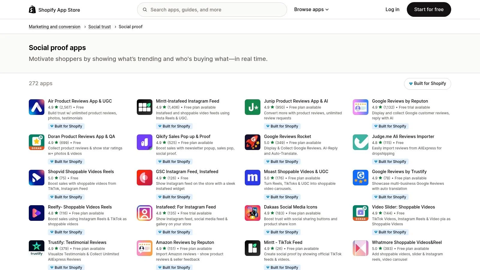 Shopify App Store — Social proof category