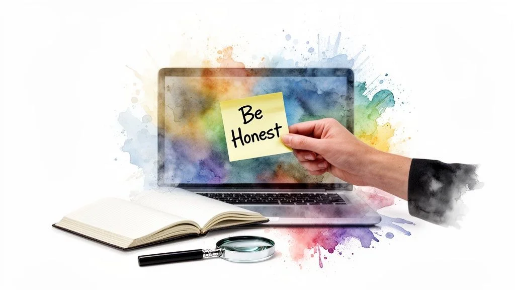 A hand places a 'Be Honest' sticky note on a laptop, surrounded by watercolor splashes.