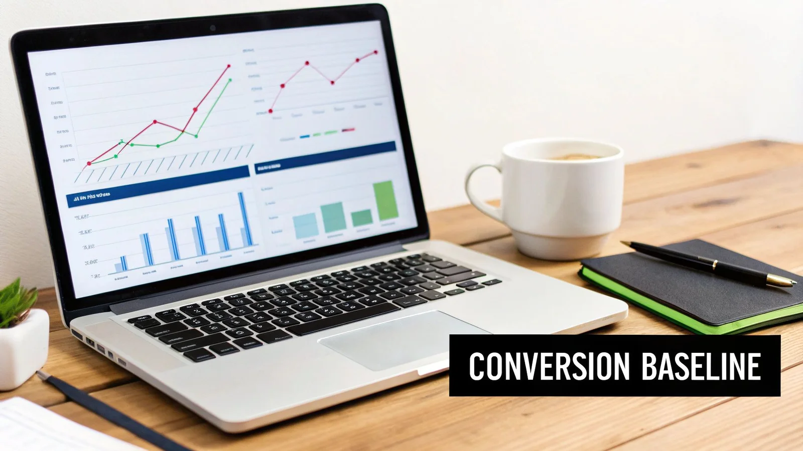 A laptop on a wooden desk displays business charts, with a coffee mug, notebook, and pen.