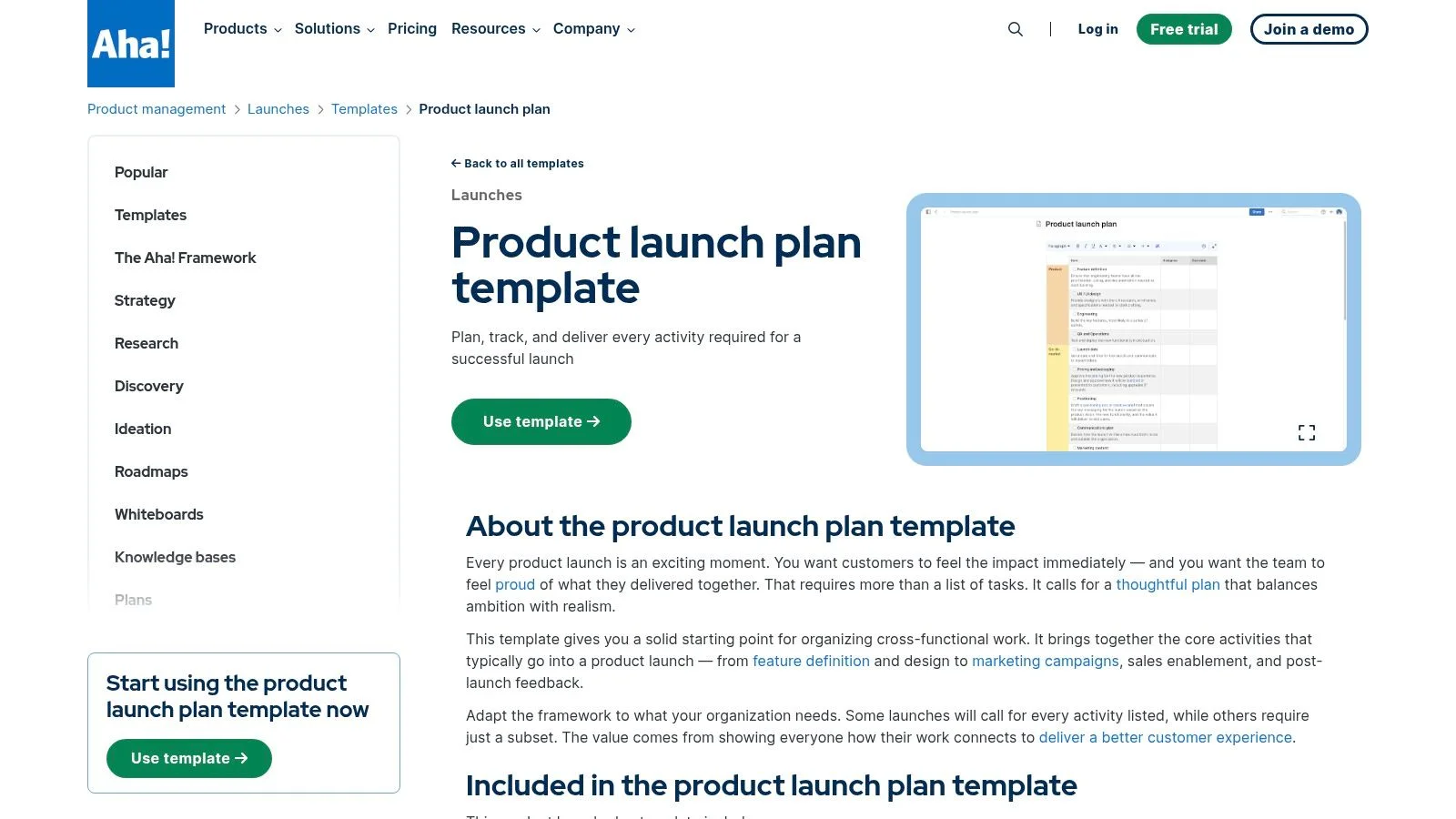 Aha! , Product Launch Plan Template
