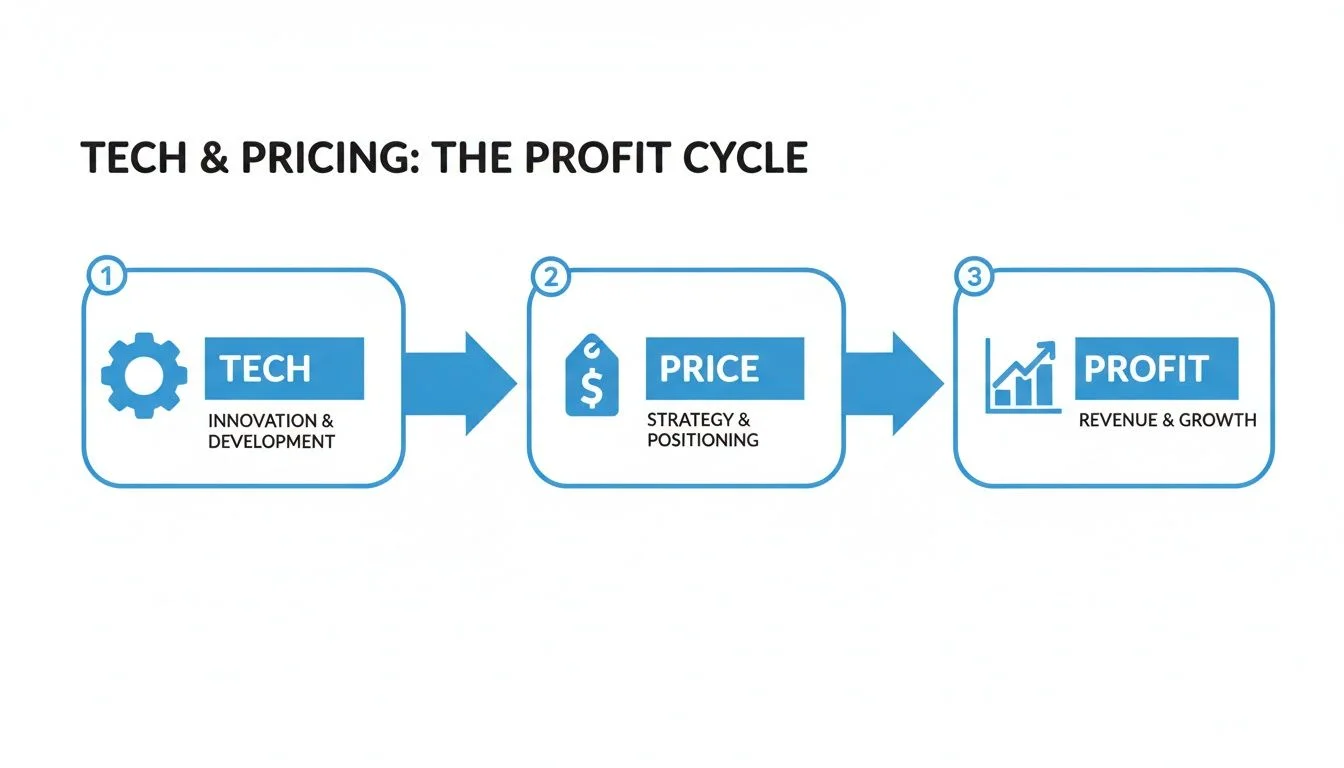Diagram illustrating the profit cycle: Tech innovation leads to pricing strategy, driving revenue and growth.