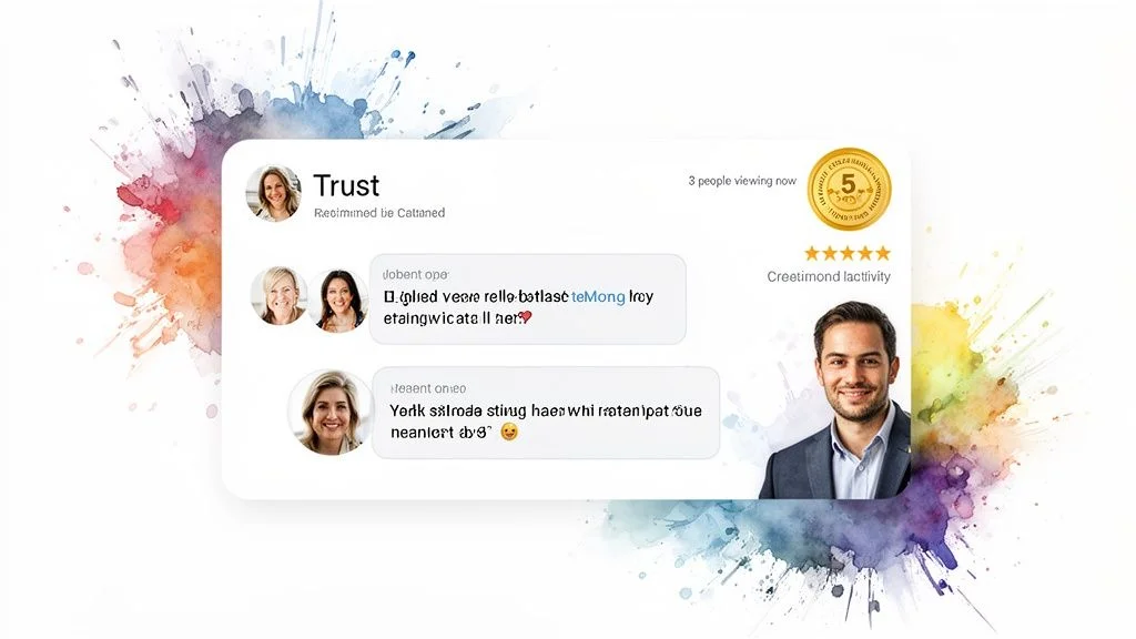 A business review card displaying customer feedback, trust ratings, and social proof with chat messages.