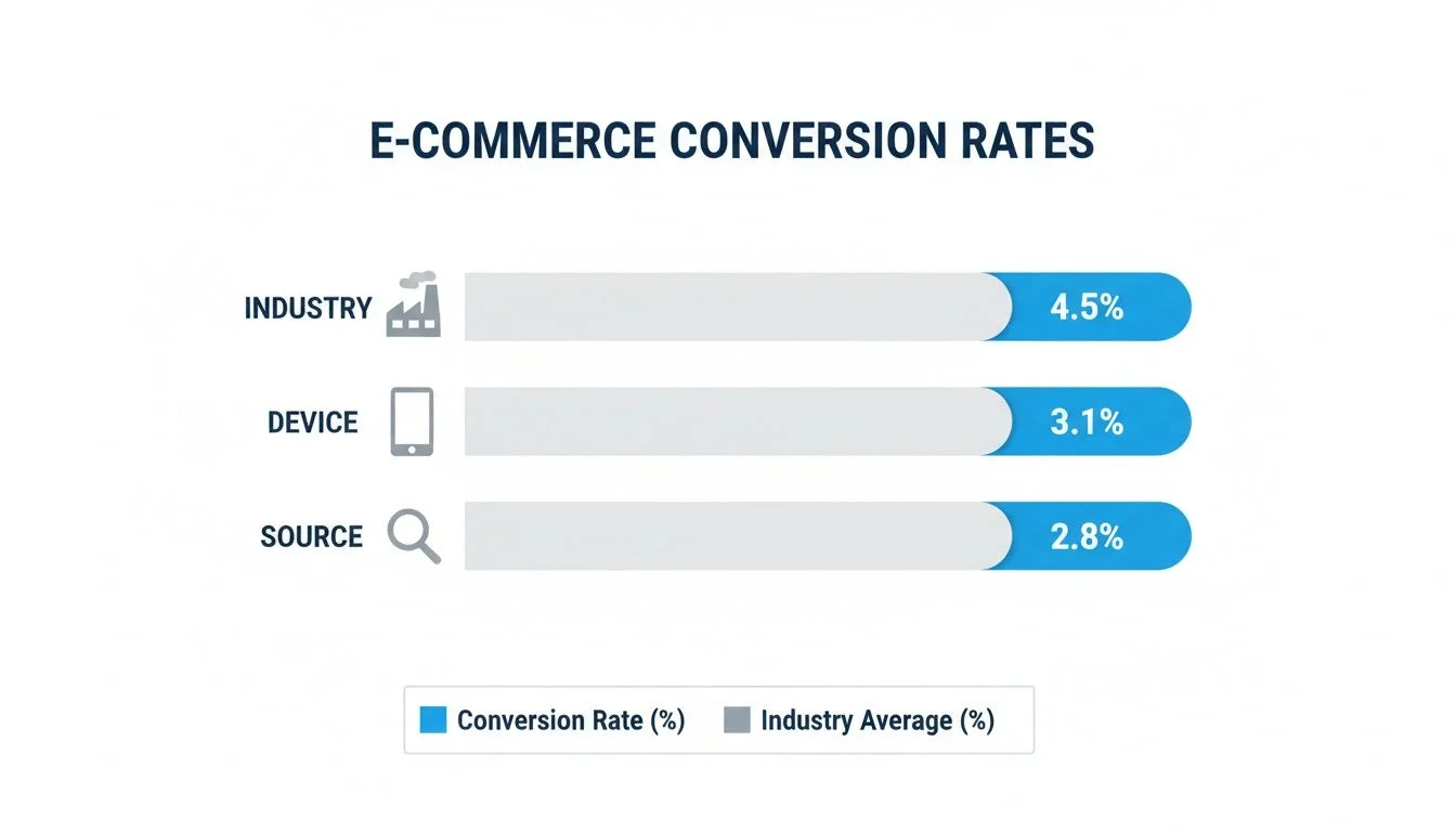 Bar chart displaying e-commerce conversion rates for industry, device, and source categories.