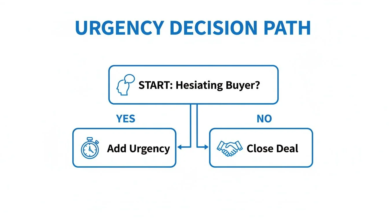A flowchart showing the urgency decision path: if the buyer hesitates, add urgency; otherwise, close the deal.