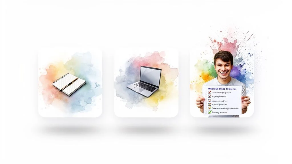 A notebook, a laptop, and a smiling man holding a checklist with colorful watercolor splashes.