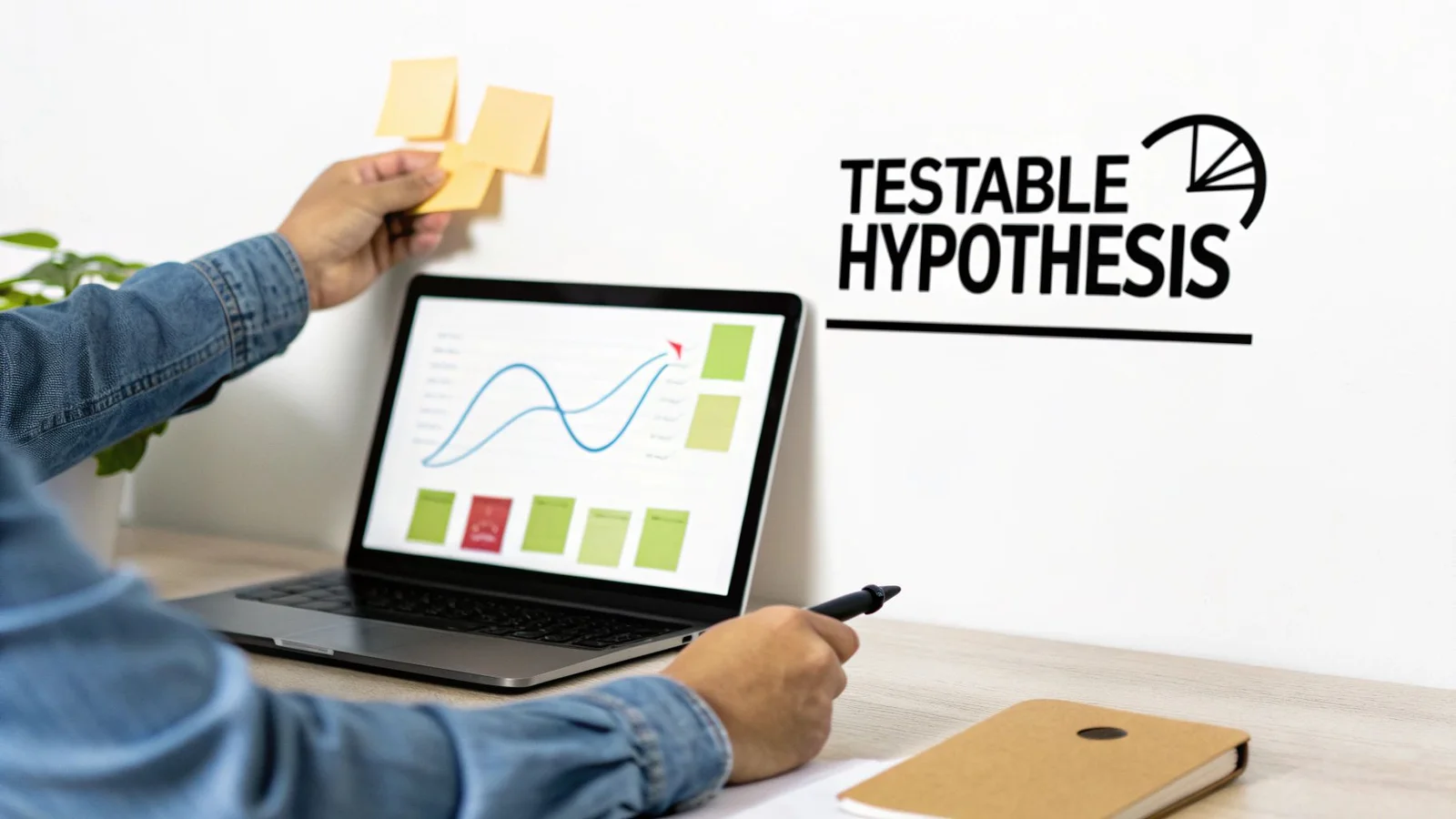 A person analyzes data on a laptop and places sticky notes, with 'TESTABLE HYPOTHESIS' on the wall.