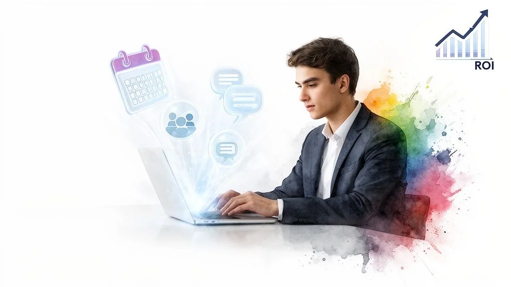 Young man using laptop with virtual icons for calendar, chat, community, and ROI chart.