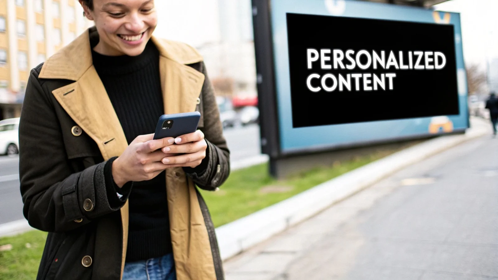 A smiling person uses a smartphone on a city street with a billboard showing 'PERSONALIZED CONTENT'.