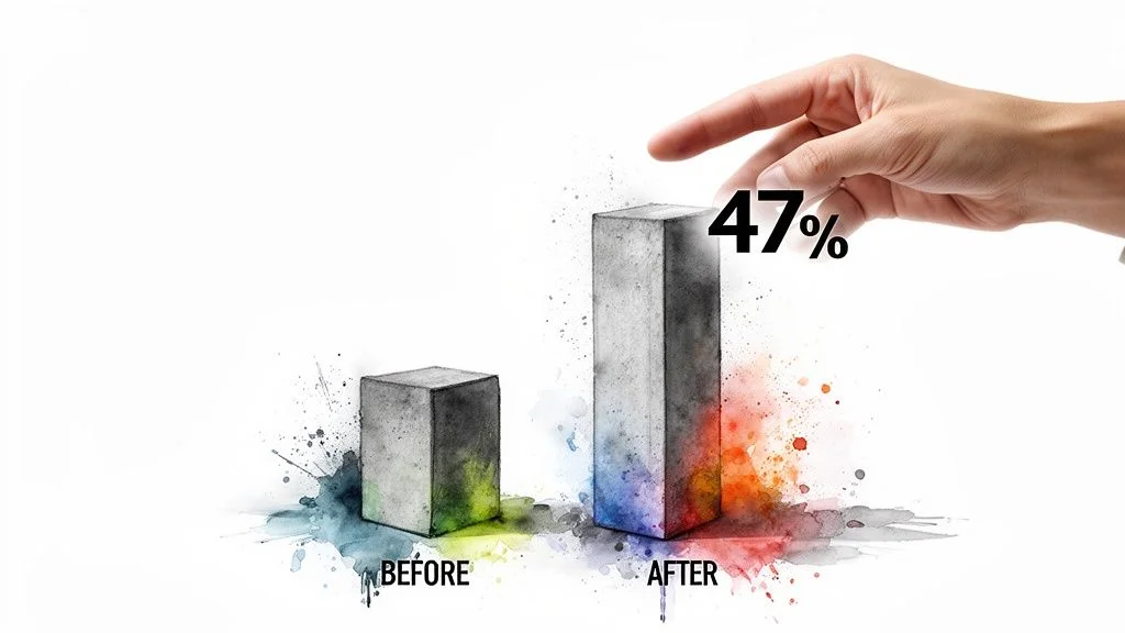 Watercolor bar chart showing a 47% increase from 'BEFORE' to 'AFTER', with a hand.