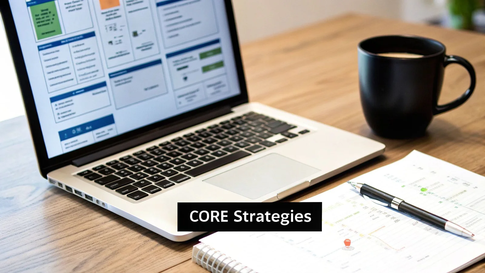 A laptop displaying content, a black coffee mug, notebook, and pen on a wooden desk, with 'CORE Strategies' text overlay.
