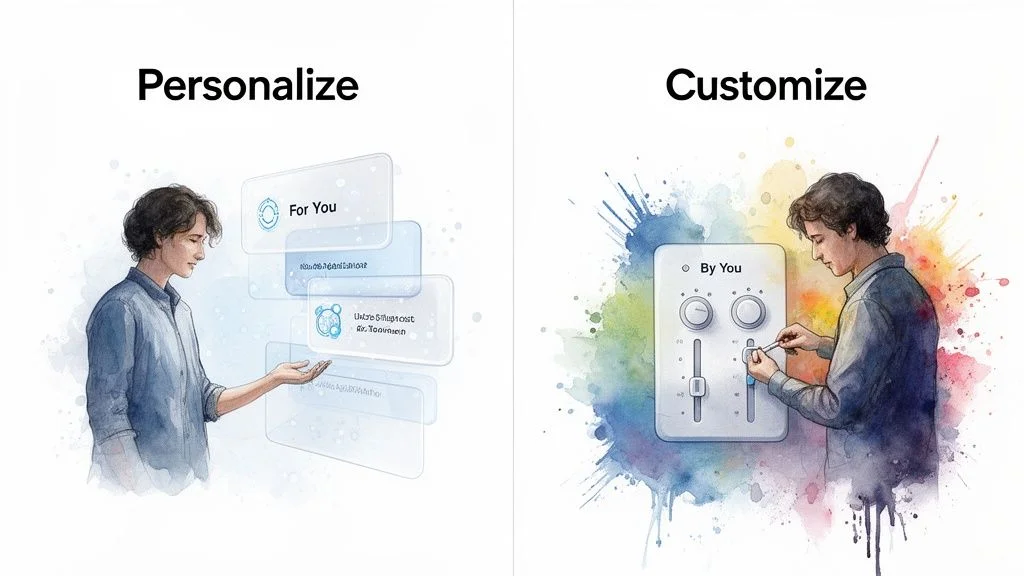 Two panels illustrating personalization (content chosen for you) versus customization (user actively adjusting controls).