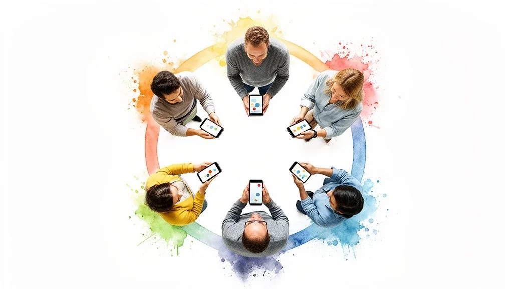 Overhead view of six diverse people holding smartphones in a colorful watercolor circle.