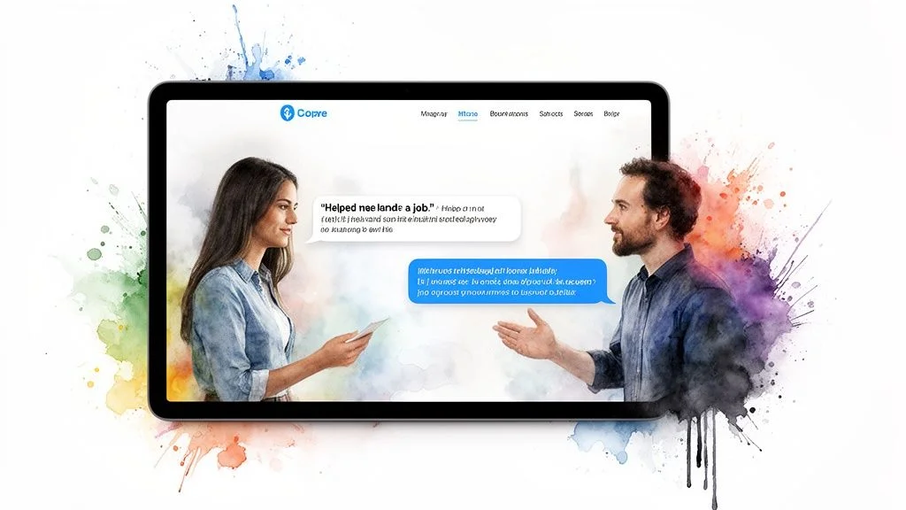 A tablet displaying a digital conversation between a man and a woman in a watercolor art style.