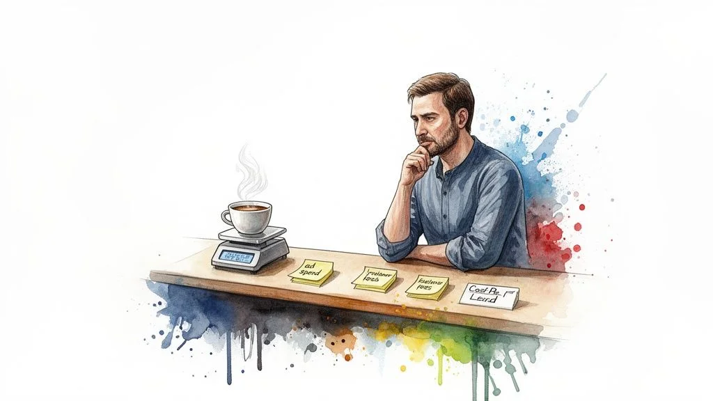 Watercolor illustration of a man pondering marketing expenses, including ad spend and freelancer fees.