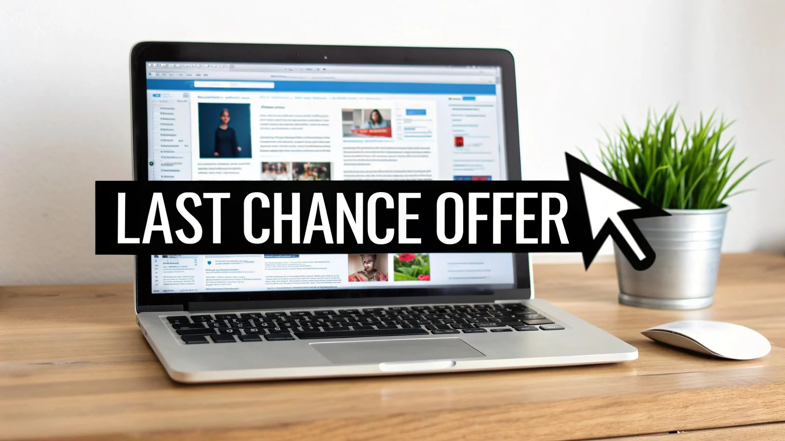 A laptop on a wooden desk displays a 'LAST CHANCE OFFER' banner with a mouse cursor, next to a potted plant.
