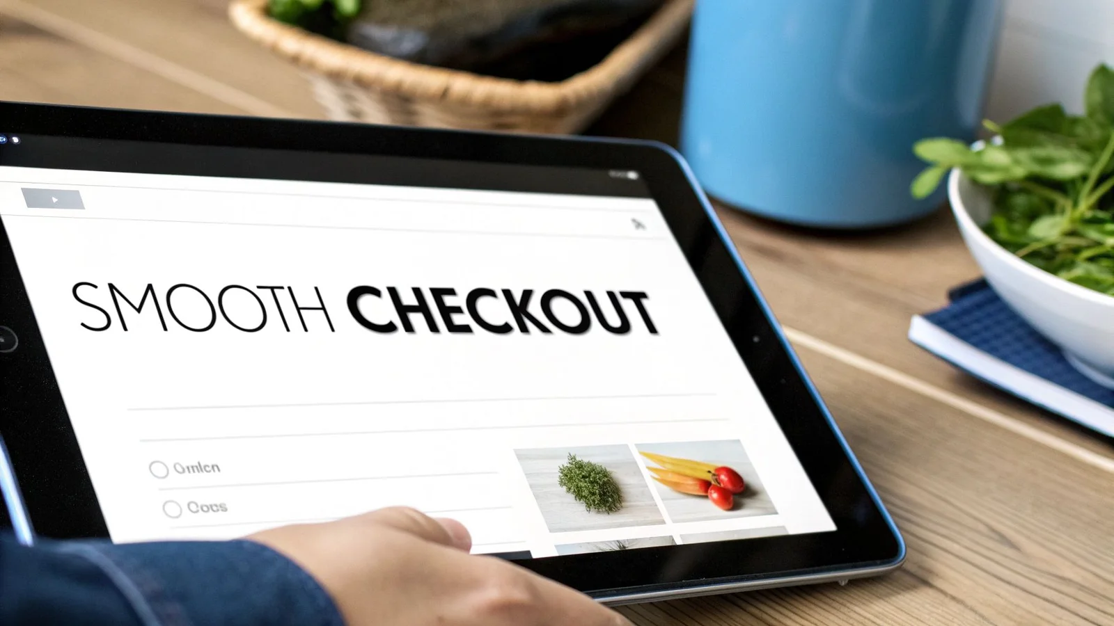 A person uses a tablet displaying 'SMOOTH CHECKOUT' with product images and options, indicating online shopping.