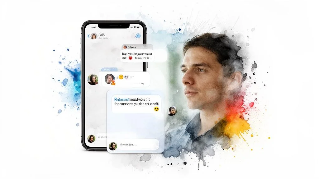 A man's face in watercolor art, looking left, next to a smartphone displaying a chat app.