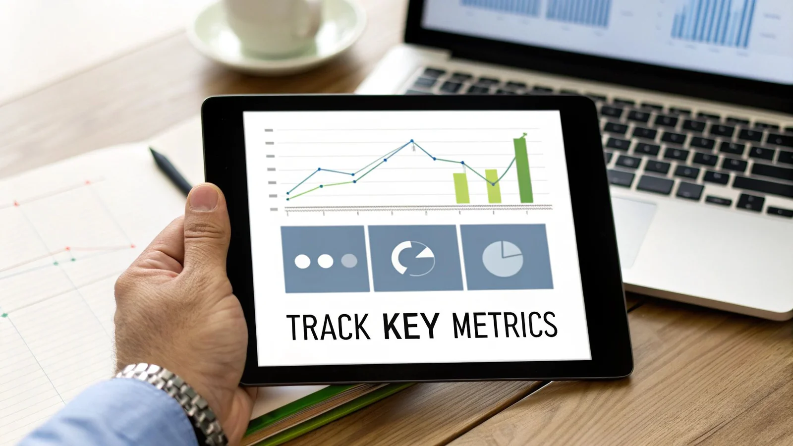A person holds a tablet displaying business graphs, charts, and the text 'TRACK KEY METRICS'.