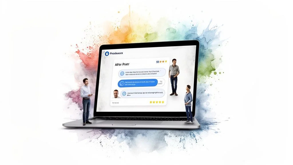 Laptop screen displaying customer reviews and ratings with small people on it, surrounded by watercolor splatters.