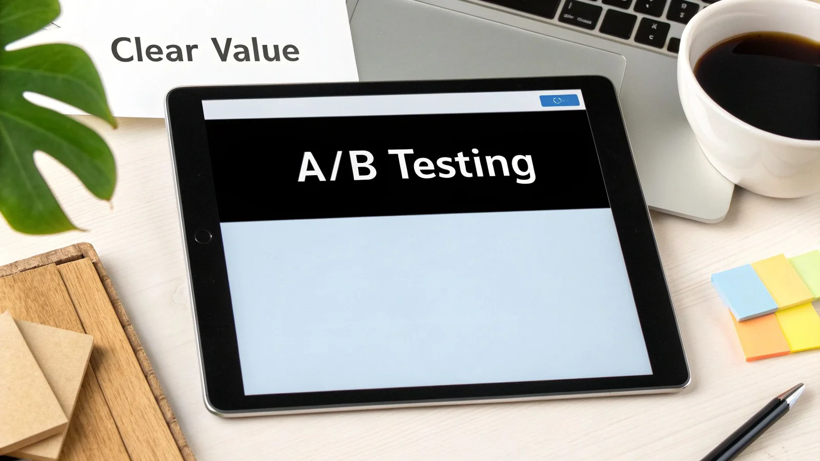A desk with a tablet displaying 'A/B Testing', a paper with 'Clear Value', a laptop, and a coffee cup.