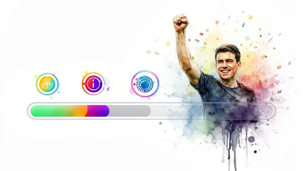 Man celebrating success with a vibrant watercolor progress bar and achievement icons.