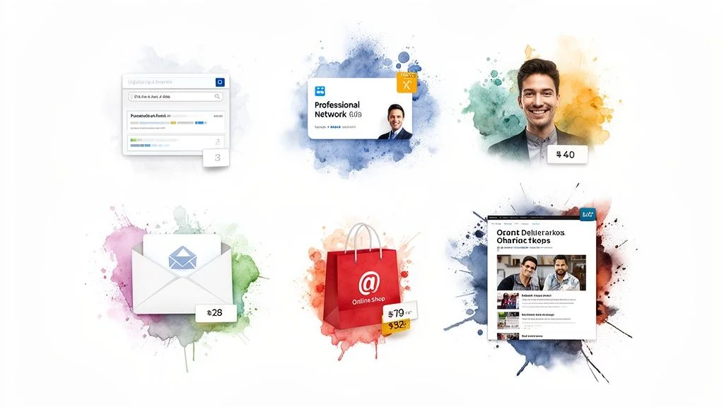 Digital marketing concepts illustrated with watercolor splashes: network card, search bar, email, shopping bag, and smiling man.