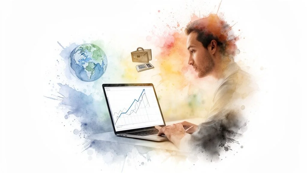 Man using laptop for business analysis, with global connections and financial tools.