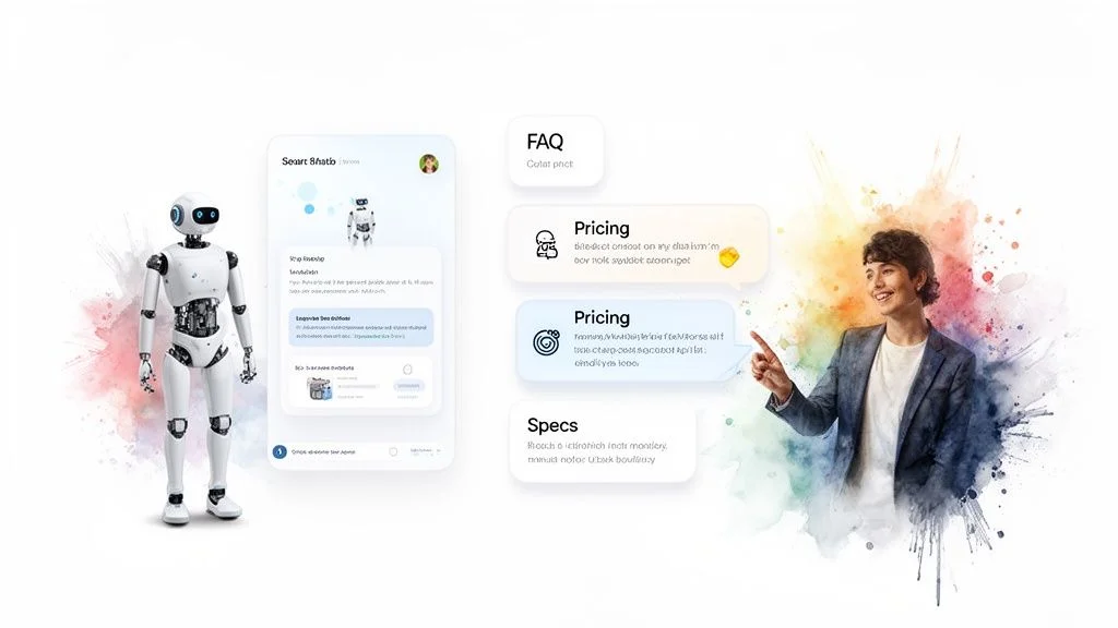 A white robot and a mobile app showing robot features, with a person pointing to FAQ and pricing details.
