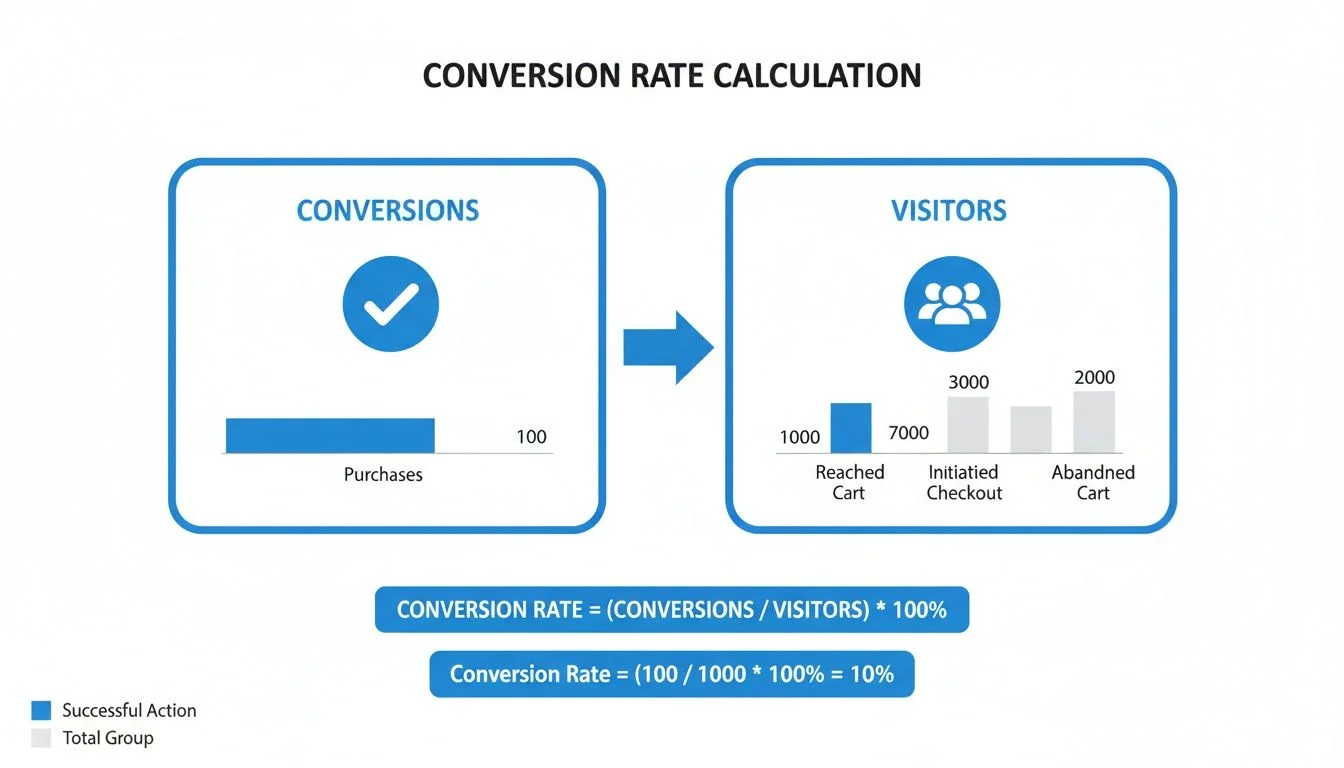An infographic illustrating conversion rate calculation, showing 100 purchases from 1000 cart visitors, resulting in a 10% rate.