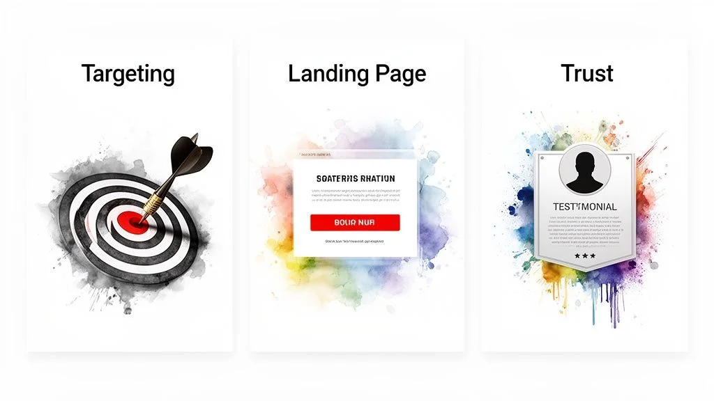 Three panels illustrating digital marketing concepts: targeting, landing page conversion, and customer trust with testimonials.