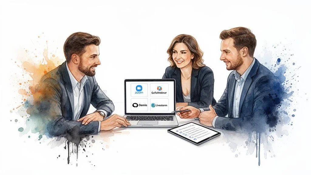 Three business professionals comparing webinar software options (Zoom, GoToWebinar, Demio, Livestorm) on a laptop.